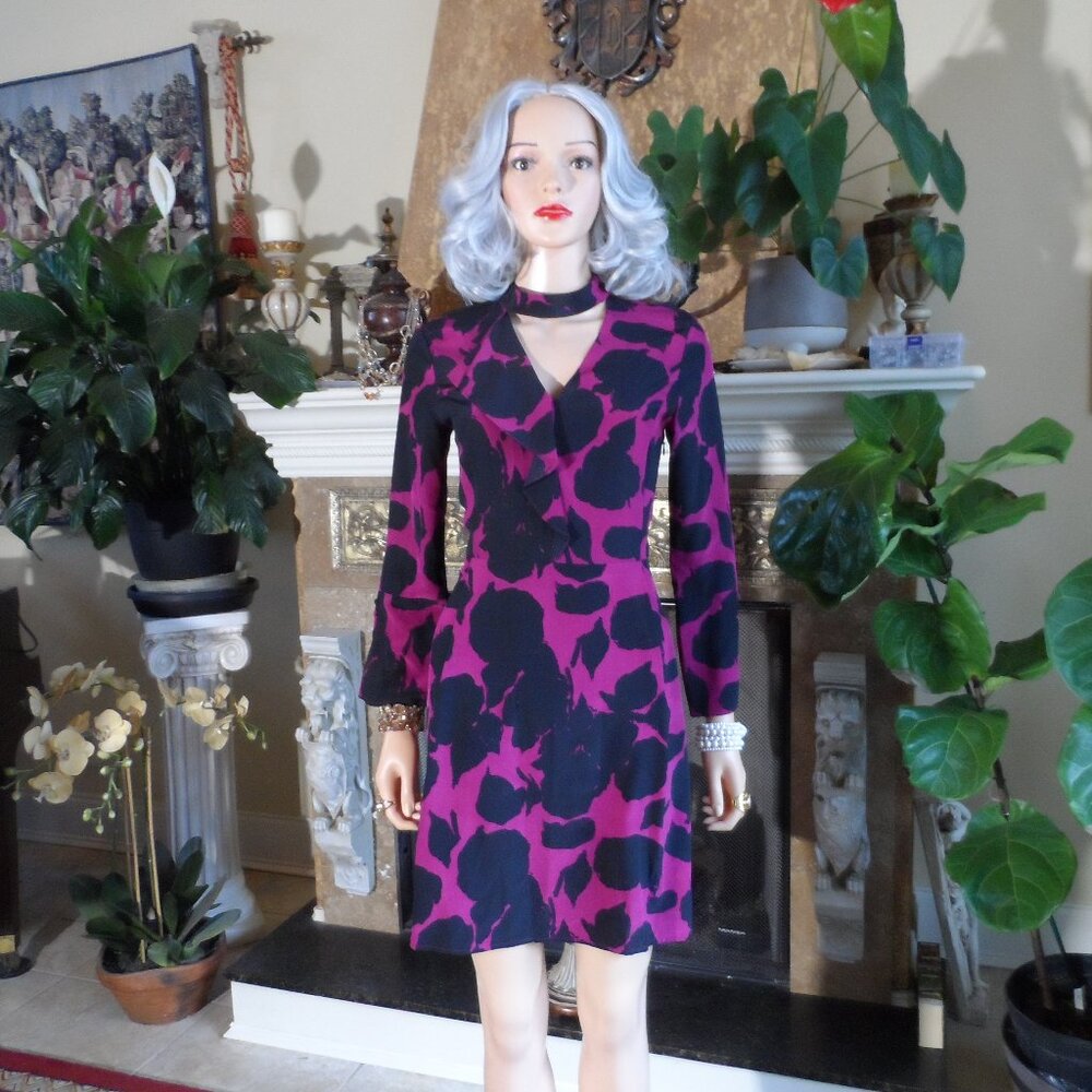Derek Lam 10 Crosby 100% Silk Fuscia & Black Print Front Ruffle Dress Size 4